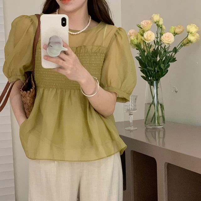 Tulstrix-Short-Sleeve Crew Neck Plain Ruffle Trim Blouse