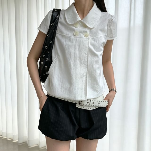 Tulstrix-Short-Sleeve Double Breasted Plain Blouse