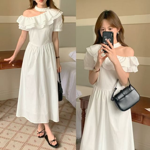 Tulstrix-Short-Sleeve Halter Neck Off-Shoulder Plain Ruffle Trim Midi A-Line Dress