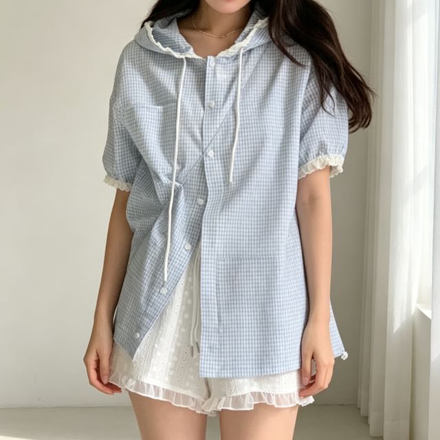 Tulstrix-Short-Sleeve Hooded Plaid Button Up Shirt
