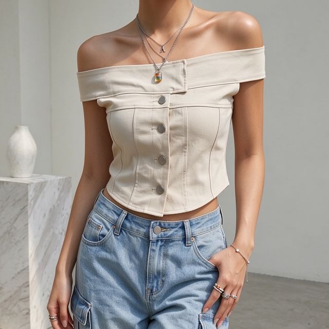 Tulstrix-Short-Sleeve Off Shoulder Button-Up Plain Crop Top