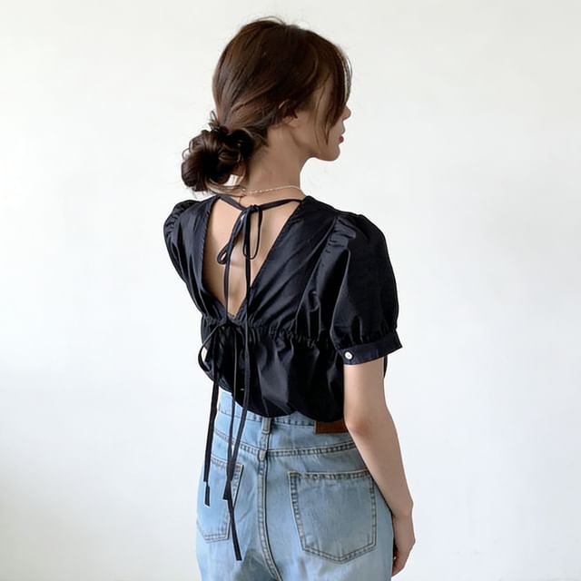 Tulstrix-Short-Sleeve Round Neck Plain Backless Blouse