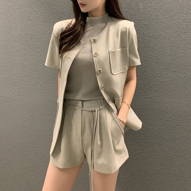 Tulstrix-Short-Sleeve Round Neck Plain Button Jacket High Waist Shorts