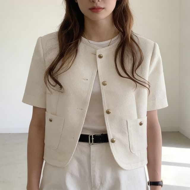 Tulstrix-Short Sleeve Round Neck Plain Button Jacket