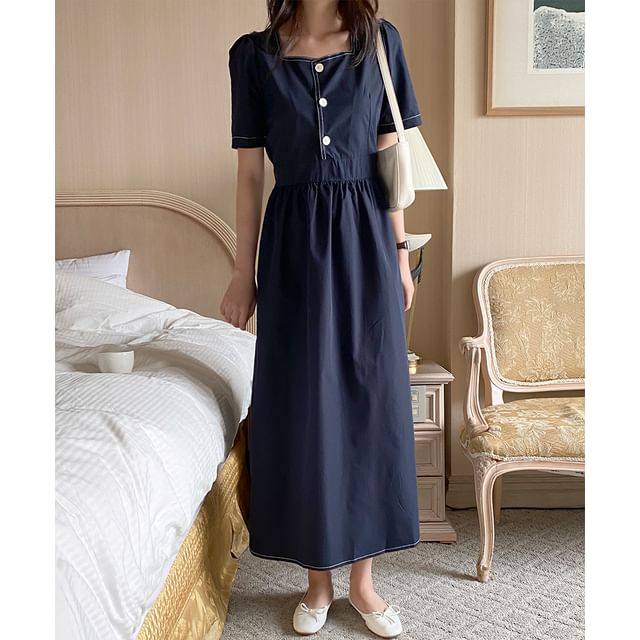 Tulstrix-Short-Sleeve Square Neck Contrast Stitched Half-Buttoned Midi A-Line Dress