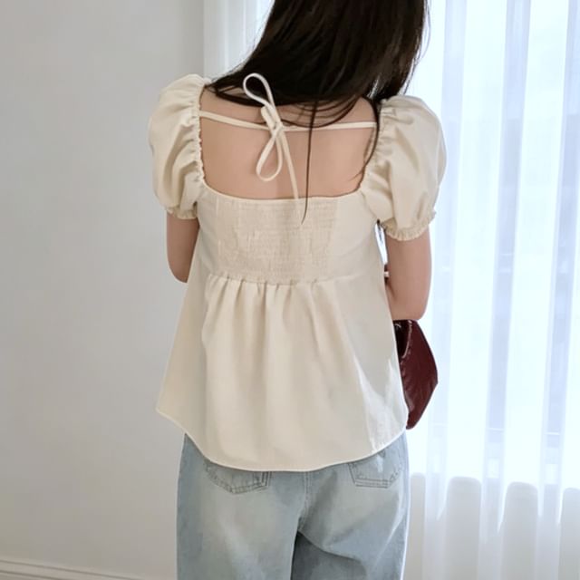 Tulstrix-Short-Sleeve Square Neck Plain Blouse