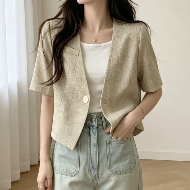 Tulstrix-Short-Sleeve V-Neck Plain Single Button Blazer