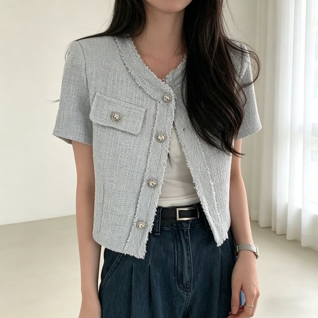 Tulstrix-Short-Sleeve V-Neck Plain Tweed Button Up Jacket