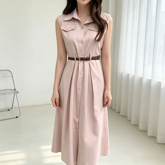 Tulstrix-Sleeveless Collared Button-Up Plain Midi A-Line Dress