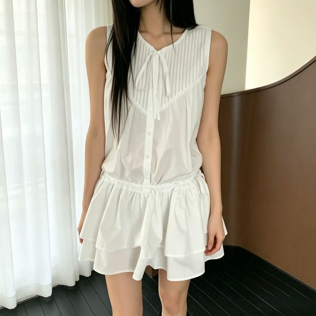 Tulstrix-Sleeveless Crew Neck Pintuck Half-Buttoned Plain Mini A-Line Dress