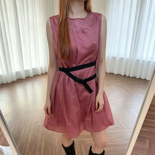 Tulstrix-Sleeveless Crewneck Sashed Mini A-Line Dress