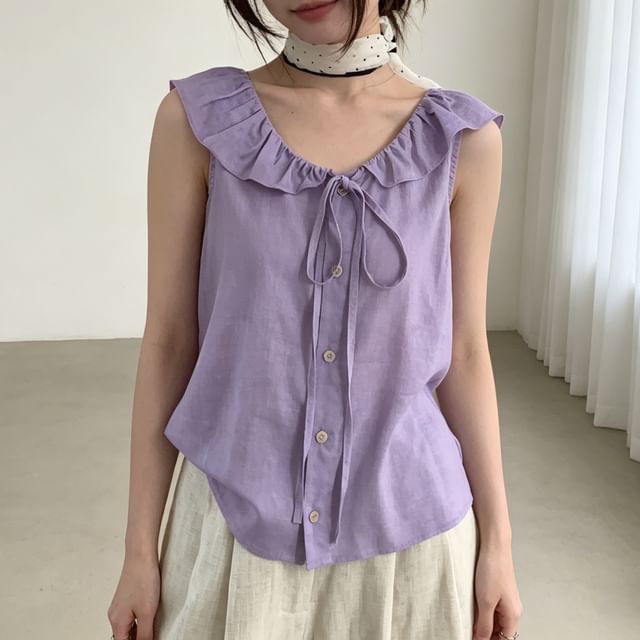 Tulstrix-Sleeveless Ruffle Button-Up Plain Top