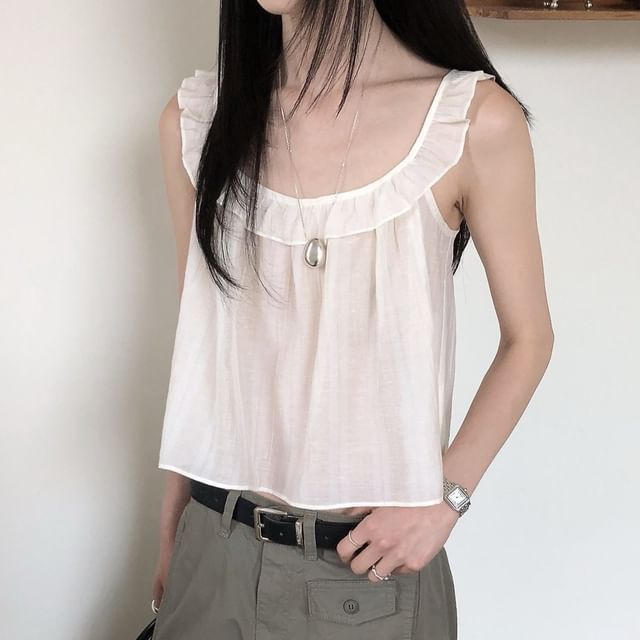 Tulstrix-Sleeveless Scoop Neck Ruffle Trim Pinstriped Top