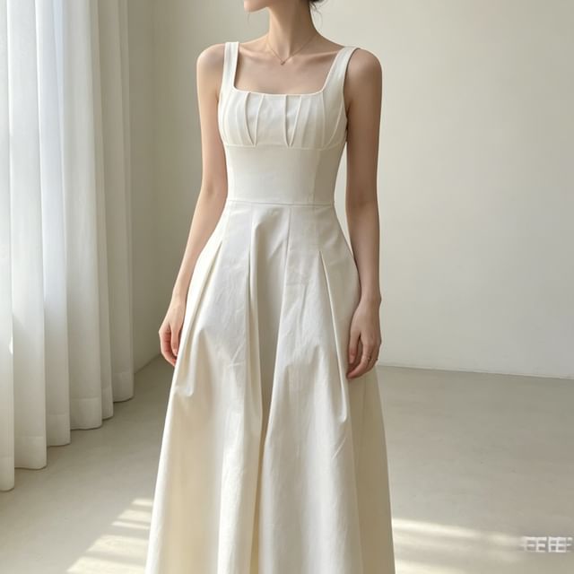 Tulstrix-Sleeveless Square Neck Plain Maxi A-Line Dress