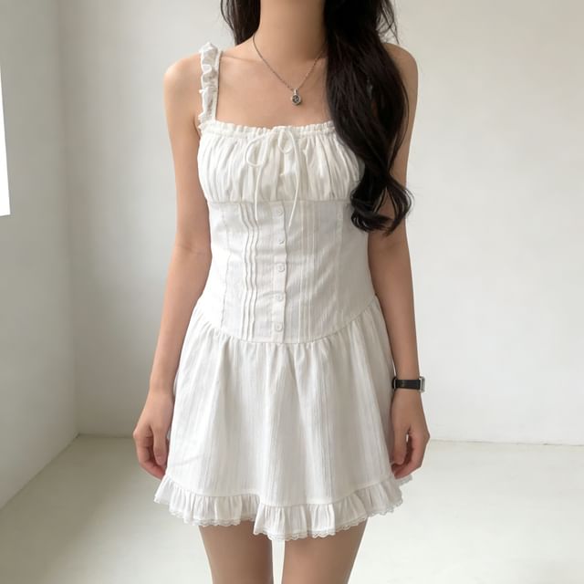 Tulstrix-Sleeveless Square Neck Plain Ruffle Drawstring Pintuck Mini A-Line Dress