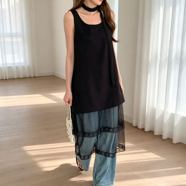 Tulstrix-Sleeveless U-Neck Sheer Panel Midi Dress