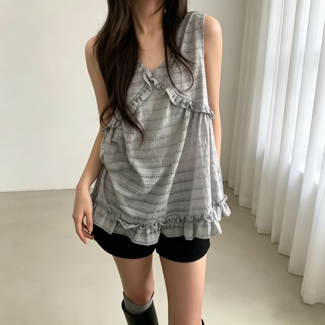 Tulstrix-Sleeveless V-Neck Frill Trim Striped Top