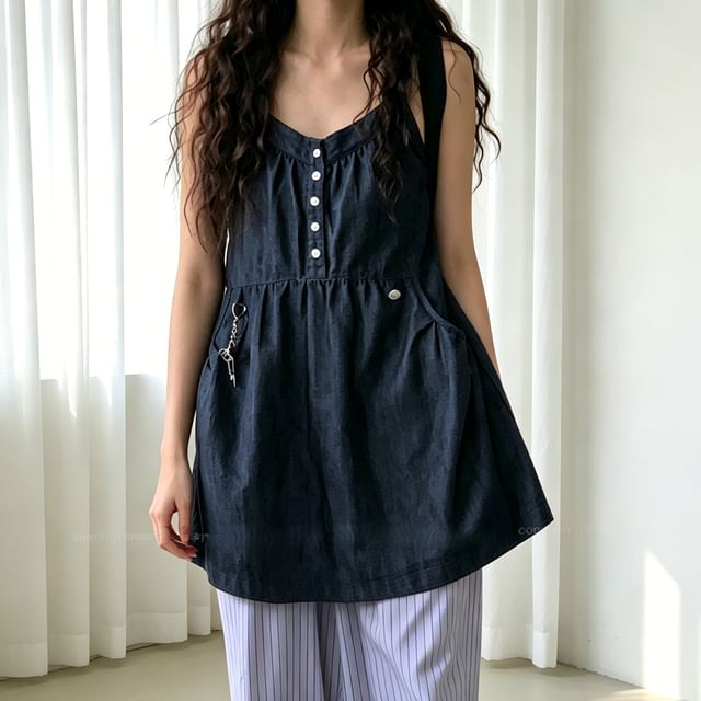 Tulstrix-Sleeveless V-Neck Half-Buttoned Denim Tunic