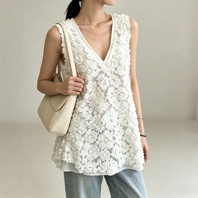 Tulstrix-Sleeveless V-Neck Lace Plain Flowy Long Top