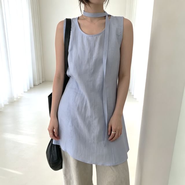 Tulstrix-Sleeveless V-Neck Plain Mini A-Line Dress