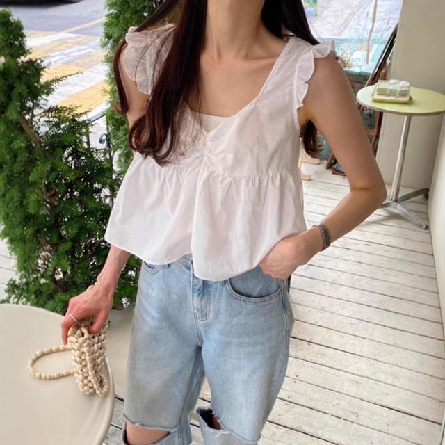 Tulstrix-Sleeveless V-Neck Plain Ruffle Lace-Up Blouse