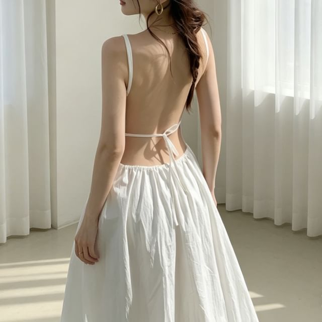 Tulstrix-Spaghetti Strap Plain Backless Midi A-Line Dress