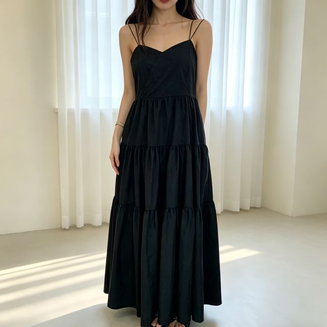 Tulstrix-Spaghetti Strap Plain Maxi A-Line Dress