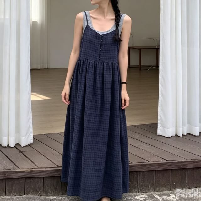 Tulstrix-Spaghetti Strap Scoop Neck Button Front Maxi A-Line Dress