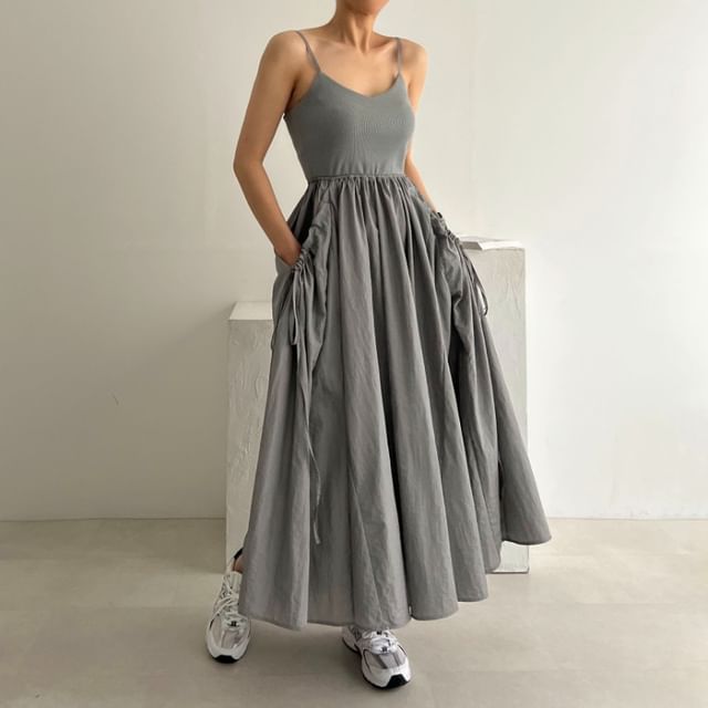 Tulstrix-Spaghetti Strap Scoop Neck Plain Maxi A-Line Dress