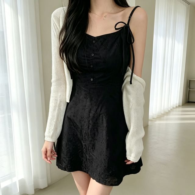 Tulstrix-Spaghetti Strap V-Neck Bow Embroidered Mini A-Line Dress
