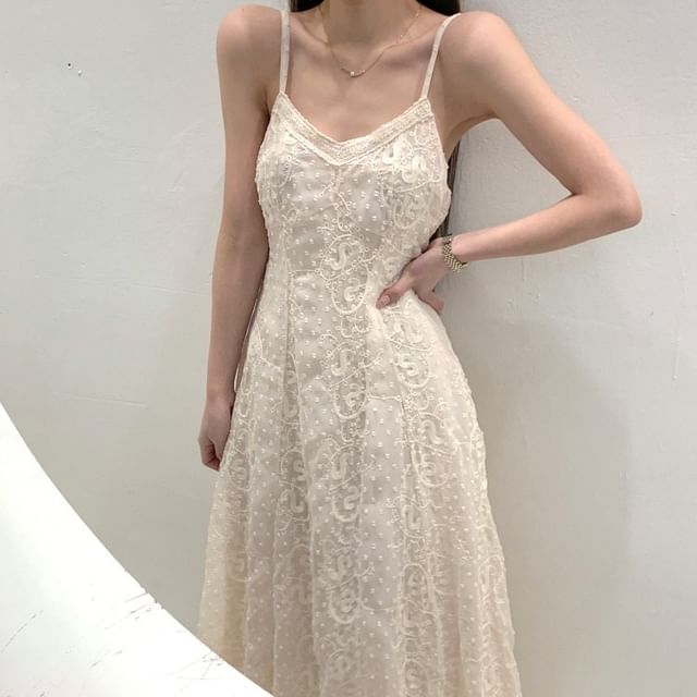 Tulstrix-Spaghetti Strap V-Neck Plain Lace Panel Maxi A-Line Dress