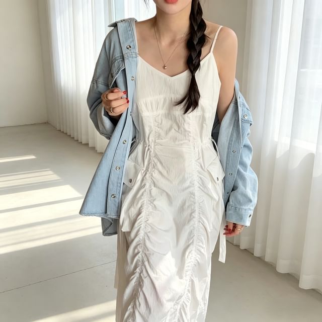 Tulstrix-Spaghetti Strap V-Neck Plain Maxi A-Line Dress