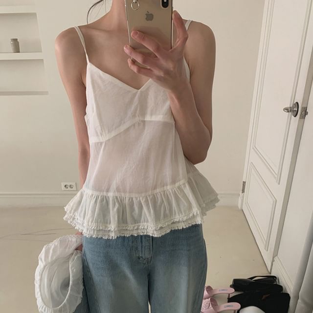 Tulstrix-Spaghetti Strap V-Neck Plain Ruffle Trim Camisole Top