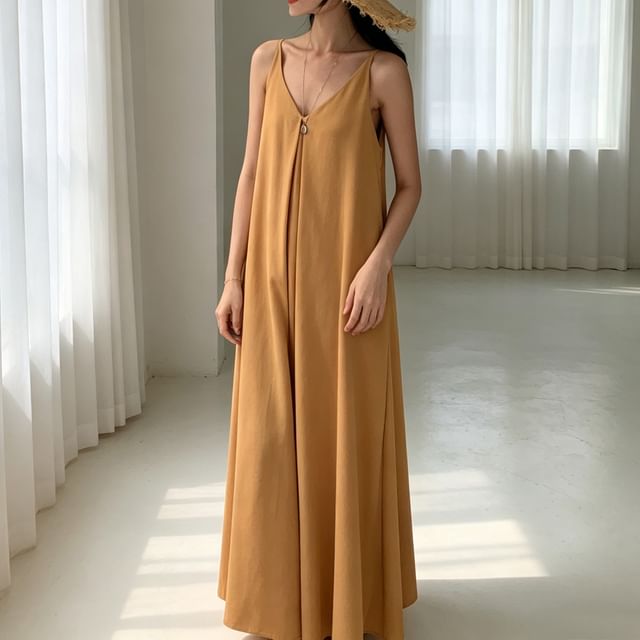 Tulstrix-Spaghetti V-Neck Plain Maxi A-Line Dress