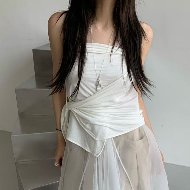 Tulstrix-Strapless Plain Ruched Asymmetrical Crop Tube Top