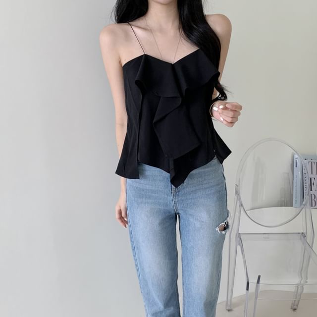 Tulstrix-V-Neck Plain Ruffle Trim Camisole Top