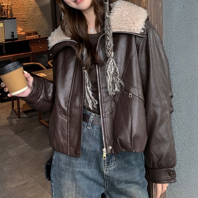 Tzarkozy-Collar Fleece Panel Faux Leather Zip Jacket