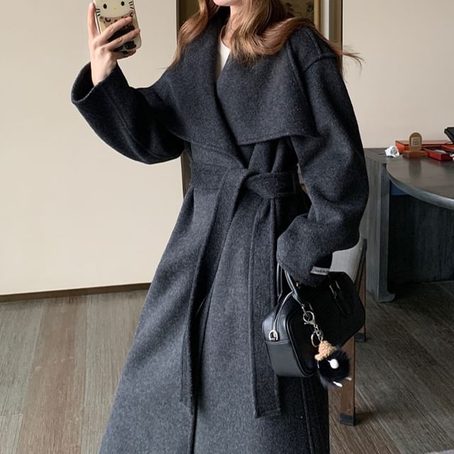 Tzarkozy-Collar Melange Sashed Midi Double-Breasted Coat