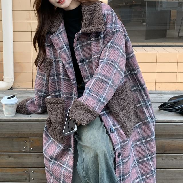 Tzarkozy-Collar Plaid Fleece Panel Midi Single-Breasted Coat
