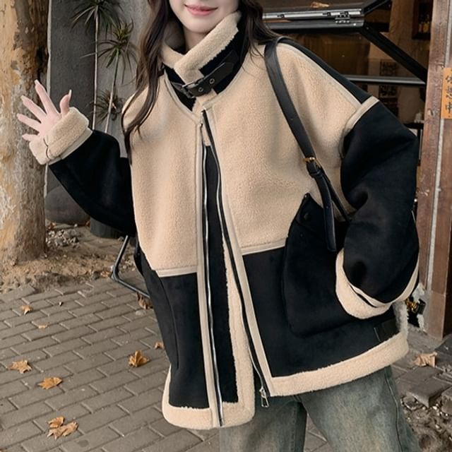 Tzarkozy-Collar Two Tone Panel Fleece Zip Aviator Jacket