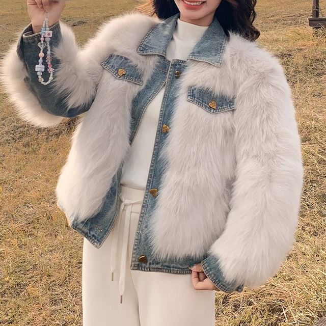 Tzarkozy-Collared Denim Panel Fluffy Button-Up Jacket