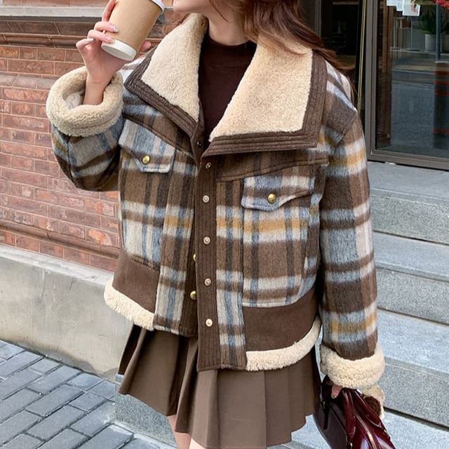 Tzarkozy-Collared Fleece Lined Plaid Button Up Jacket