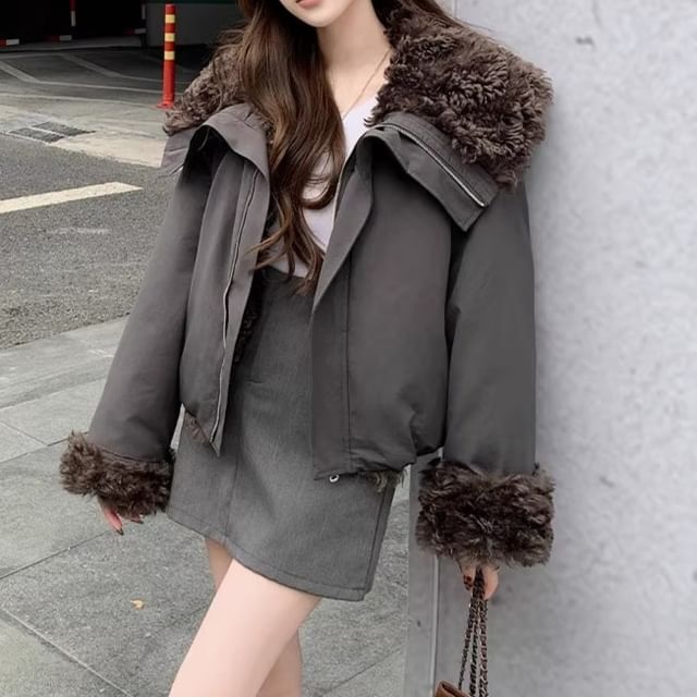 Tzarkozy-Collared Fluffy Panel Zip Jacket