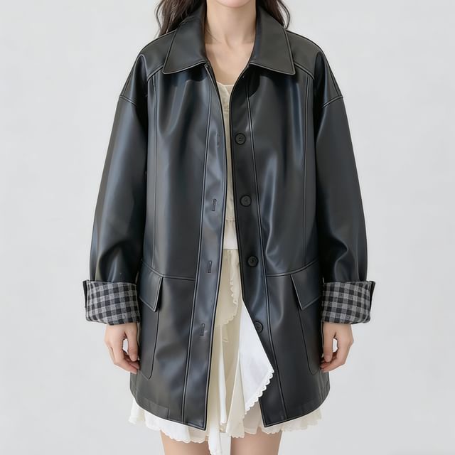Tzarkozy-Collared Gingham Panel Button-Up Faux Leather Jacket