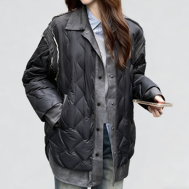 Tzarkozy-Collared Mock Two Piece Panel Denim Button Puffer Jacket