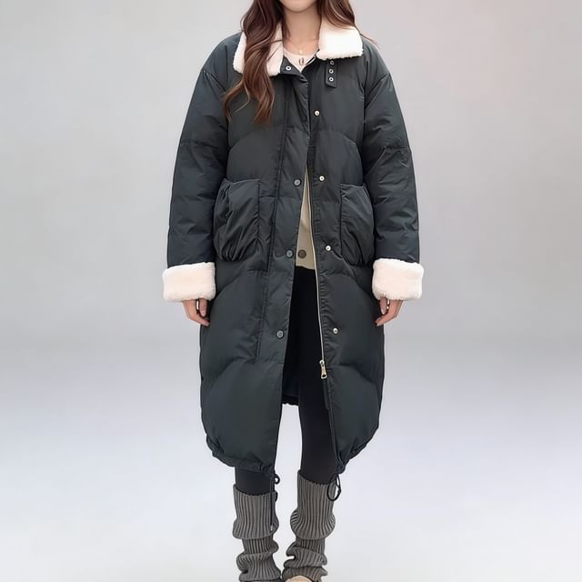 Tzarkozy-Collared Panel Fleece Midi Zip Puffer Coat