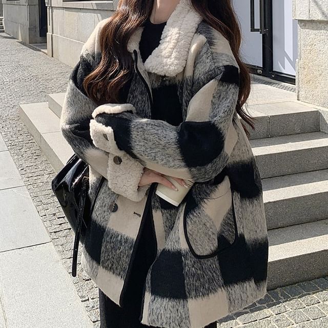 Tzarkozy-Collared Plaid Double Breasted Coat