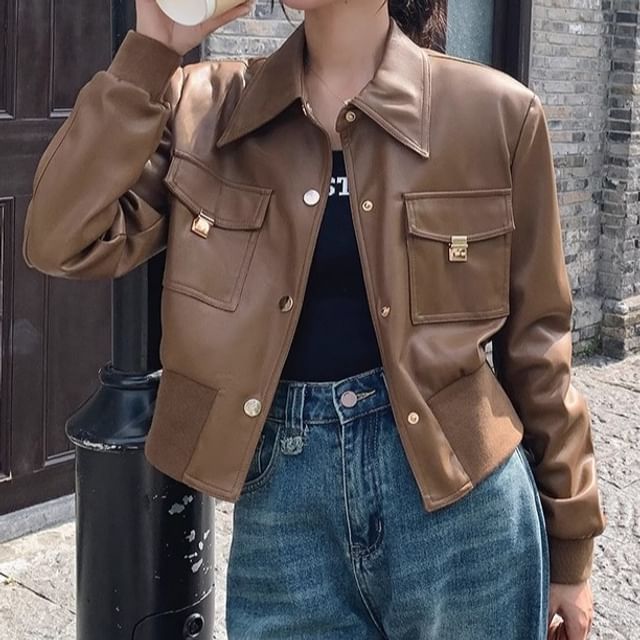 Tzarkozy-Collared Plain Faux Leather Button Up Jacket