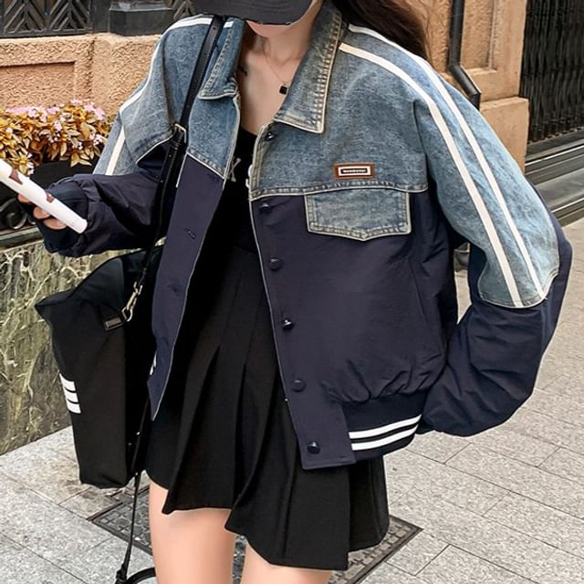 Tzarkozy-Collared Washed Denim Panel Button Up Jacket