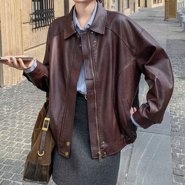 Tzarkozy-Collared Zip-Up Plain Faux Leather Jacket
